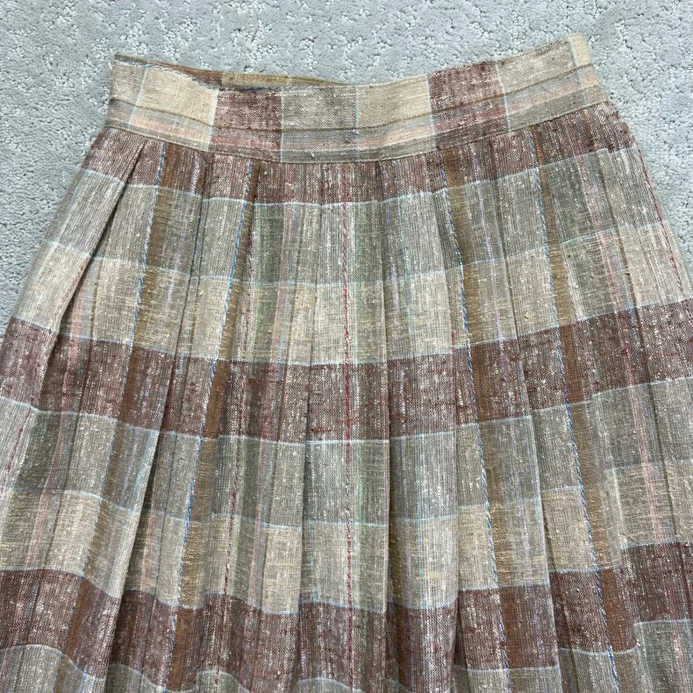 VINTAGE Louben Midi Skirt Womens Size 13/14 Brown Tan Plaid Pleated Linen Blend